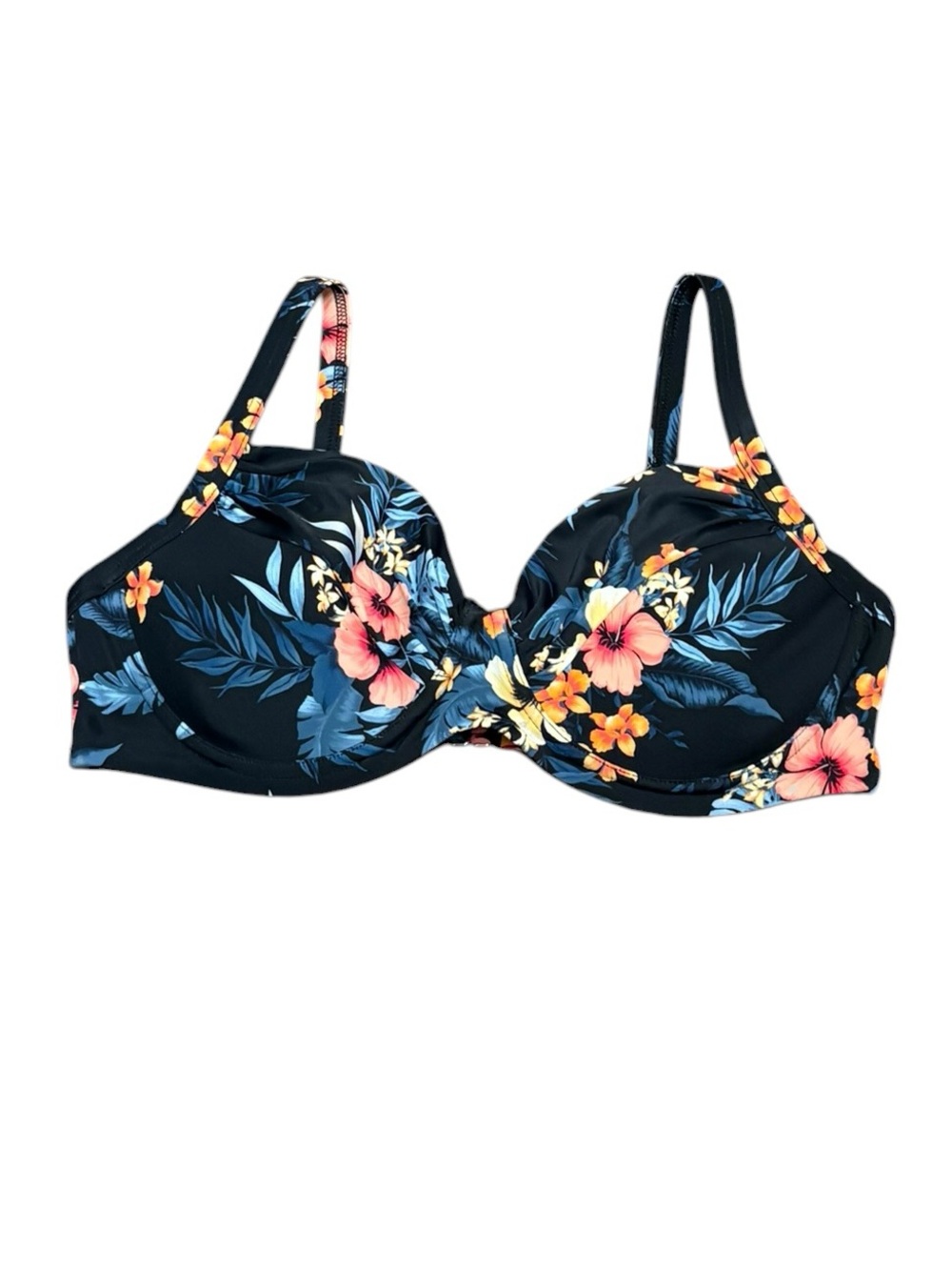 Lands' End Black Floral Underwire Bikini Swim Top, Size 12, NWT